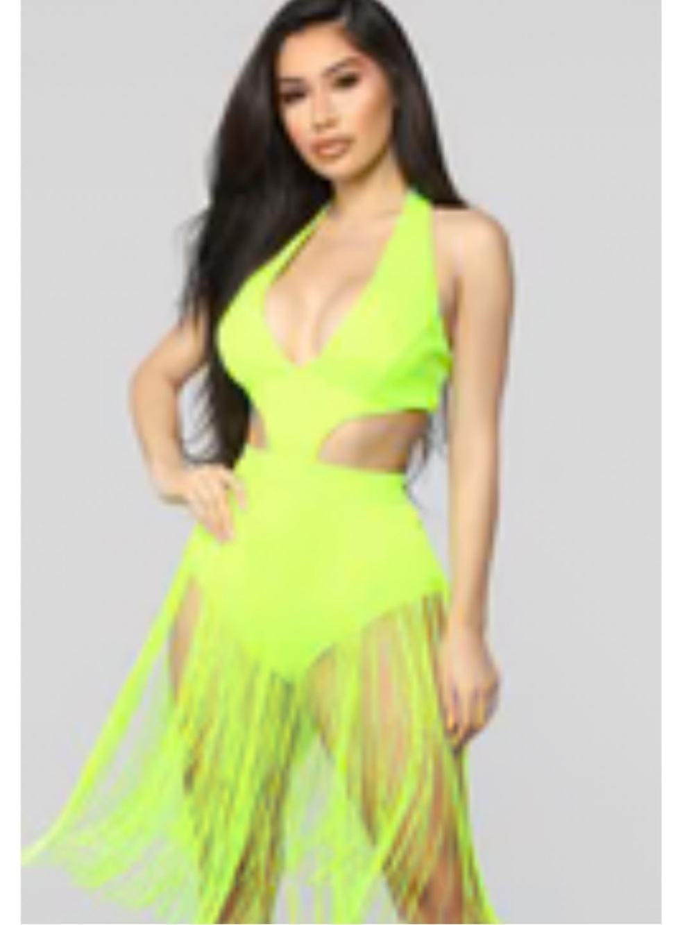 Fashion Nova Neon Lime Halter Fringe Teddy